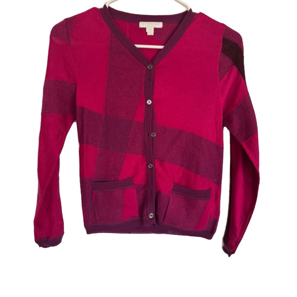RARE Burberry Girl’s Fuchsia Checkered Wool and Silk Blend Cardigan